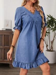 EMERY ROSE Women's V-Neck Bubble Short Sleeve Straight Casual Denim Dress - Blue - View 5