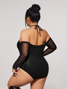 SHEIN ICON 大码交叉挂脖露肩网眼长袖紧身衣