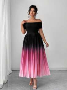 Elenzga Plus Size Women's New Design Sexy Romantic Hot Selling Off Shoulder Elastic Waist Casual Versatile Ombre Color Digital Print Pleated Slimming Elegant Dress, Spring/Summer - Multicolor - View 1