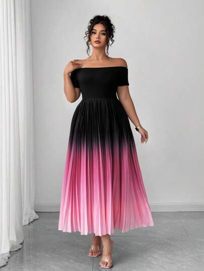 Elenzga Plus Size Women's New Design Sexy Romantic Hot Selling Off Shoulder Elastic Waist Casual Versatile Ombre Color Digital Print Pleated Slimming Elegant Dress, Spring/Summer