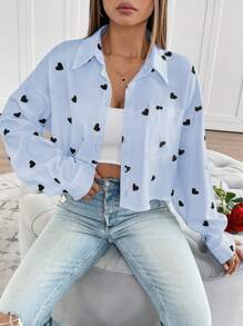 Chiquease Women's Valentine's Day Heart Print Short Front Long Back Blouse Fall Cloth For Women - Blue - View 1