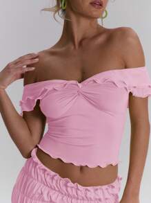 MUSERA Top ajustado con volantes y hombros descubiertos, perfecto para primavera, verano, vacaciones y festivales, adorable