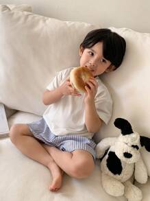 Dazy Kids 儿童男童秋季服装：短袖针织圆领上衣 + 编织条纹短裤套装，夏季休闲 - 藍白色 - 查看 1