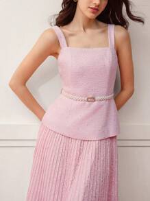 MOTF PREMIUM VESTIDO DE MALLA CONTRASTANTE CON CINTURÓN - Rosa - Ver 4