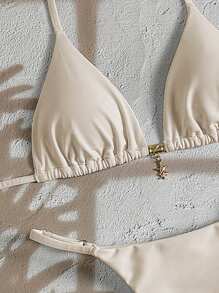 Swim Chiccia Women's Summer Solid Halter Metal Pendant Swimsuit Set, Sexy Thong Bikini - Apricot - View 4