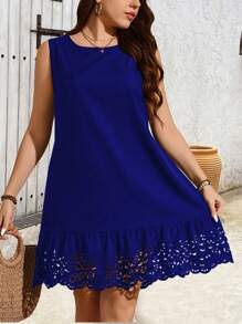 EMERY ROSE Vestido casual de mujer de talla grande sin mangas con cuello redondo y estampado, vestido de ojal para mujer, vestidos de verano para mujer de talla grande, vestido de vino para vacaciones, vestidos para mujer, vestido hueco para primavera - azul real - Ver 4