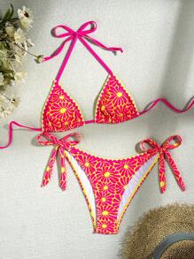 SHEIN 2pcs Vacation Floral Print Halter Tie Backless Ruffled Contrast Decor Women Swimwear Set For Summer - Multicolor - View 3