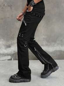 ROMWE MEN Street Life Men's Punk Cowboy Jeans With Eyelet Design And Pockets, Casual Flared - Black - View 6