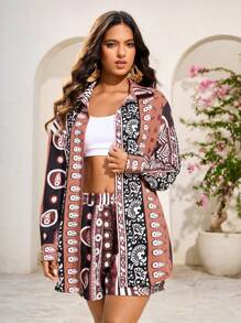 INAWLY 2pcs Summer Vacation Short Sleeve Shirt & Shorts Set, Minimalist Fashion, Bohemian