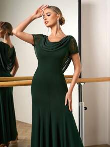 Mulvari Oversized Ruffle Lace Chiffon Patchwork Draped Neck Dress For Women, Suitable For Dancing
