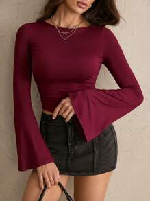 SHEIN Tall Women Solid Color Round Neck Flared Sleeve Slim Fit T-Shirt - Burgundy - View 3