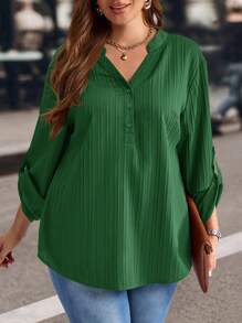 EMERY ROSE Blusa informal de talla grande con cuello entallado y mangas enrolladas, ropa de invierno - Verde - Ver 4