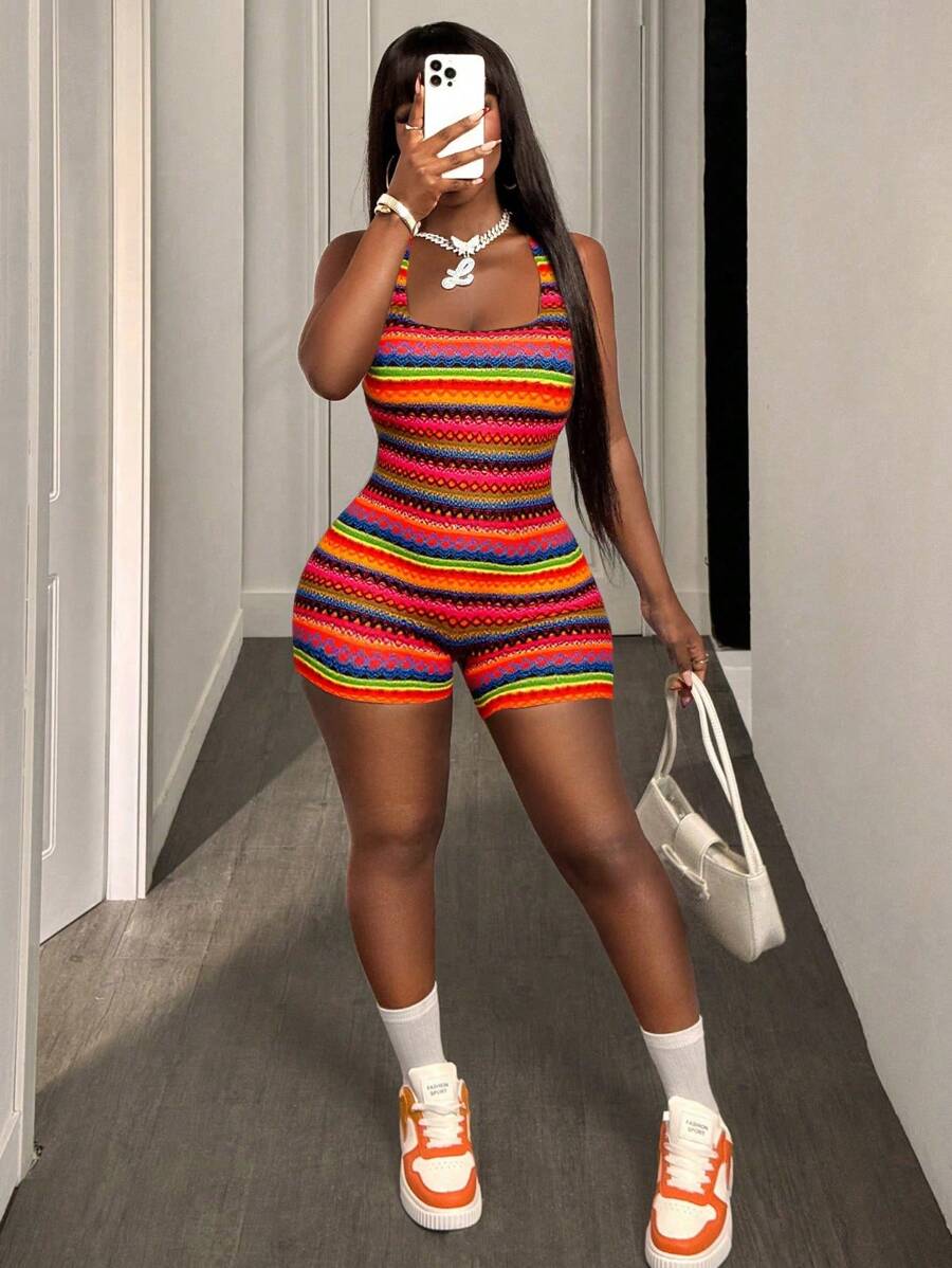 BamGleam Bộ đồ liền thân in họa tiết xương cá cho nữ, thiết kế thời trang không tay giản dị cho mùa hè - Nhiều màu - Xem 1