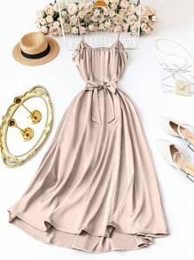 SHEIN Clasi Đầm nơ dây mảnh satin trơn màu cỡ lớn thanh lịch cho nữ - Màu be - Xem 2