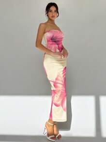 Aloruh Romantic Strapless Print Bodycon Long Dress For Women - Multicolor - View 4