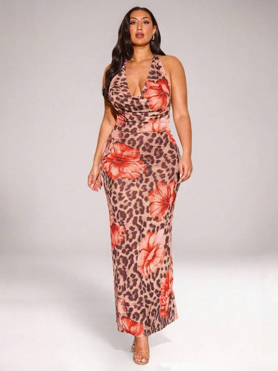 SHEIN BAE 加大码女式豹纹花卉网眼露背吊带优雅性感约会派对礼服，度假风格，女士生日礼服，毕业典礼 - 卡其色 - 查看 1