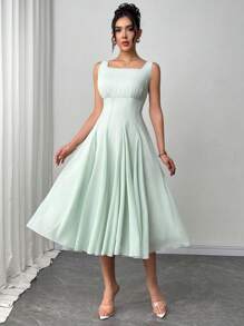 Rafferiza Vestido elegante de mujer con cintura ceñida, corte evasé, cuello de U y sin mangas, diseño de alta gama francés