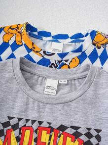 GARFIELD | SHEIN Camiseta de cuello redondo de punto con estampado de dibujos animados a cuadros para niño joven - Multicolor - Ver 7