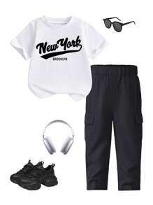 2pcs Young Boys Casual English Letter Print Short Sleeve T-Shirt And Cargo Pants Set, Summer Style - Multicolor - View 3