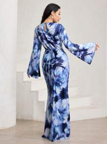 Veilorie 女士优雅花卉印花喇叭袖阿拉伯风格长裙