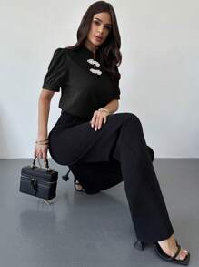 Firerie New Romantic Puff Sleeve Color Blocking Button Front Blouse, Elegant For Ladies On Valentine's Day, Spring/Summer