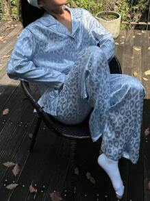 DAZY Conjunto de pijama holgado de satén con estampado de leopardo, de moda para verano, otoño e invierno - Azul - Ver 6