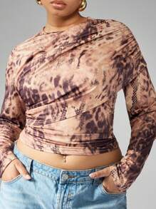 MISSGUIDED PLUS Plus Size Snake Print Ruched Long Sleeve Top Asymmetric Design Autumn Winter Party Club Fashion Animal Print Fitted Gathering Detail - Multicolor - View 4