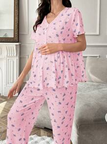 Romantic Ditsy Floral Ruffle Trim Maternity Pajama Set, V-Neck Short Sleeve Top And Long Pants - Pink - View 5