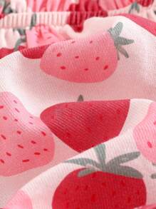 Cozy Pixies Baby Girl Strawberry Pattern Camisole Top And Solid Color Elastic Waist Shorts 2 Pieces Set