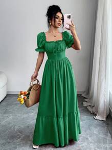 Rafferiza Women's Square Neck Puff Sleeve Front Tie Open Back Cinched Waist Dress - Green - View 3