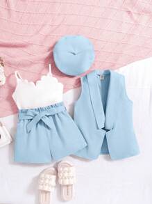 SHEIN Leap Crew Bộ áo khoác không tay ve trơn phong cách đường phố giản dị cho bé gái và quần yếm hoa, Xuân/Hè - Màu xanh lam - Xem 1