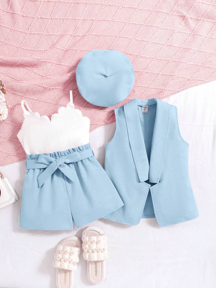 SHEIN Leap Crew Bộ áo khoác không tay ve trơn phong cách đường phố giản dị cho bé gái và quần yếm hoa, Xuân/Hè - Màu xanh lam - Xem 1