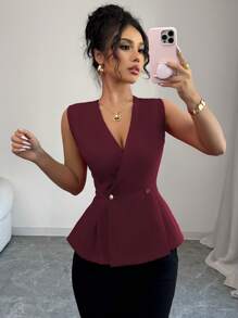 Elenzga 女式休闲 V 领无袖衬衫，带褶边，金属纽扣，优雅度假办公装，春夏