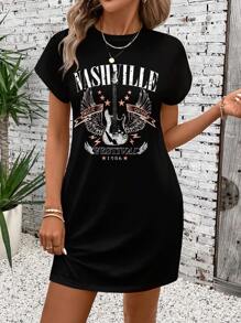 SHEIN LUNE Casual Loose Rock Music Festival Women's Round Neck Short Sleeve Dress, Suitable For Summer Chic Dress
