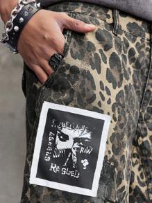 ROMWE MEN Street Life 男士 Grunge 豹纹标语装饰宽松休闲牛仔工装短裤 - 彩色 - 查看 2