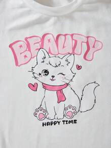 SHEIN Explorewe 2 件女童休闲可爱猫咪图案落肩宽松 T 恤和工装裤套装，幼儿 - 彩色 - 查看 5