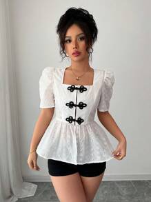 Elenzga Blusa de verano con mangas cortas, cuello en V, textura semitransparente, estilo abotonado en la cintura y silueta en línea "A", elegante y delicada, de algodón