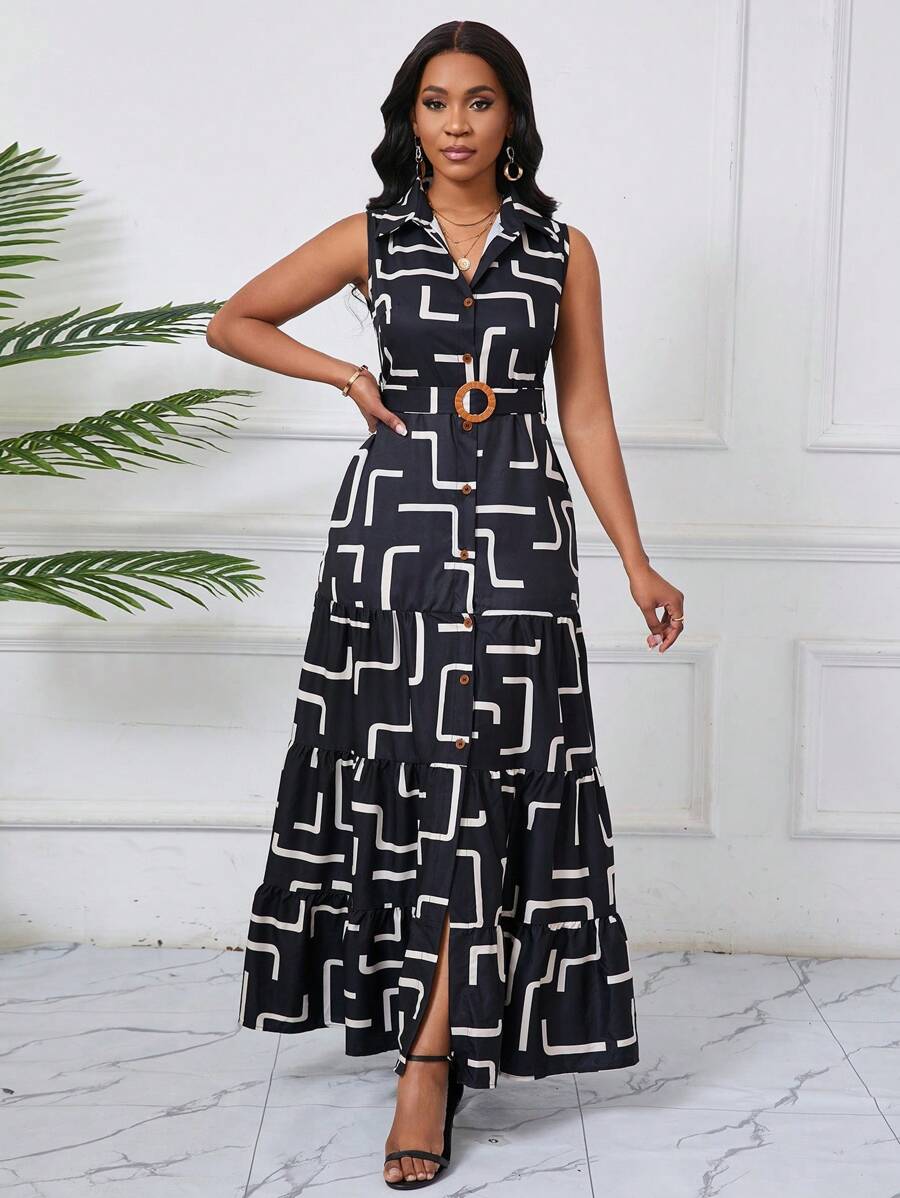 SHEIN Unity Sleeveless Geometric Print Tiered Ruffle Wrap Dress, Elegant Ladies - Black - View 1