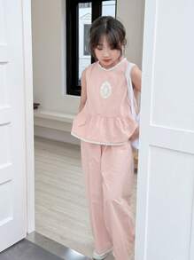 Dazy Kids 2 Stücke Set für Tween Mädchen mit gewebter Spitze Patchwork Bluse mit rundem Ausschnitt und langer Hose, Sommer