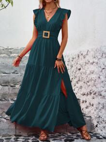 EMERY ROSE Ruffle Trim Split Thigh Dress For Summer Vacation Maxi Vacation Beach Outfits Women - Teal Blue - View 7