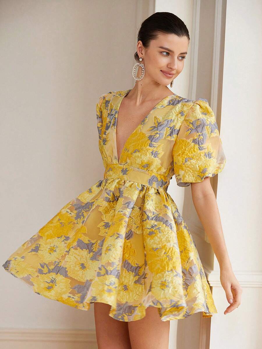 Aveloria Rosie Đầm Maxi Dáng Chữ A Tay Cánh Hoa Cổ Chữ V Sâu Phối Ren Organza Jacquard Họa Tiết Hoa Cao Cấp Cho Nữ Phong Cách Thời Trang Du Lịch Boho In Họa Tiết Màu Vàng Cho Mùa Hè - Màu vàng - Xem 1