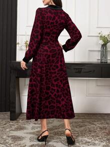 Modelyn Vestido largo de noche elegante para mujer con cuello de contraste de terciopelo, estampado de leopardo y dobladillo con volantes