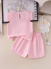 2pcs/Set Little Girls Pink Soft Cap Sleeve Sparkly 6-Petal Flower Solid Foldable Shorts Suit, Sweet & Cute Casual Summer Outfit - Pink - View 2