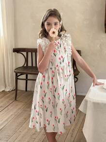 SHEIN LMoss Kids Tween Girl 碎花圆领荷叶边下摆修身休闲连衣裙 - 彩色 - 查看 4