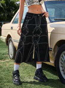 SHEIN ICON Jeans capri a gamba ampia, comodi, con tasche, da donna - nero - Visualizzare 1