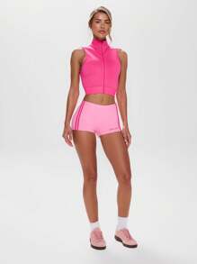 Musera Sport Stand Neck Cut Out Back Zip Through Crop Top, Active, Workout, Gym, Padel, Tennis, Pickleball Gym Fitness - Hot Pink - View 5