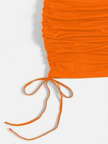 Flirla Plus Size Women Plain Round Neck Short Sleeve Drawstring Waist Dress - Orange - View 3