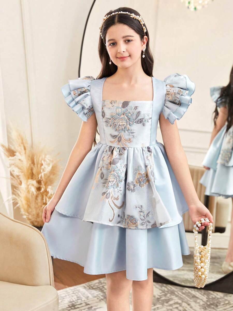 SHEIN Tween Girl Light Blue Floral Jacquard Metallic Thread Wedding Dress,Square Neck Ruffle Sleeve Tiered Princess Dress For Summer Elegant Party Holiday - Baby Blue - View 1