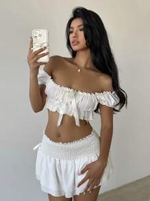 Aloruh 2 Pieces Set: Women's Sweet Pastoral Puff Sleeve Cake Dress For Spring/Summer Vacation White - White - View 4
