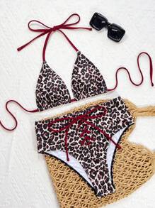 Swim SXY New Multicolor Leopard Print Drawstring Tied Triangle Sexy Beach Bikini Set, Women Swimsuit For Summer Beach Vacation - Multicolor - View 4